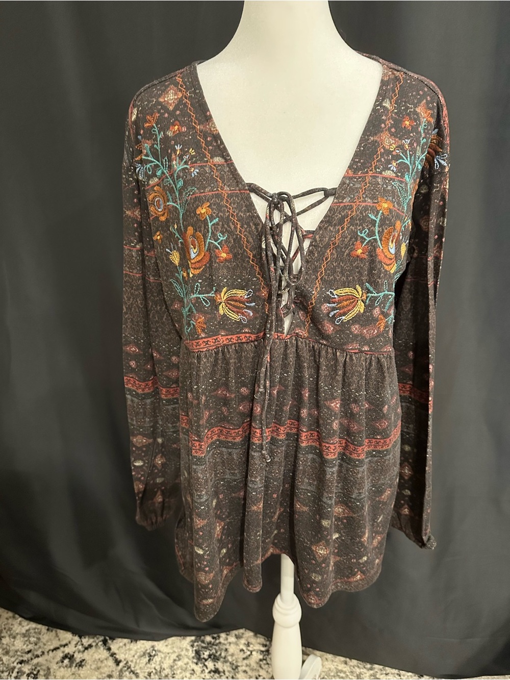 Maurices Brown Embroidered Lace-Up Boho Tunic